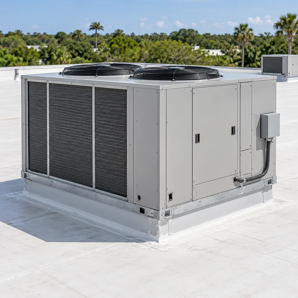 AI-generated illustration of commercial rooftop HVAC equipment with condenser fans and service panels