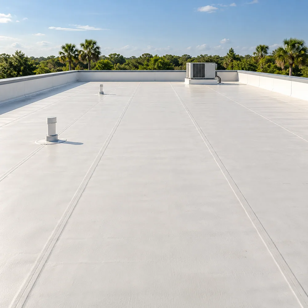 AI-generated illustration of a clean white membrane roof on a commercial building