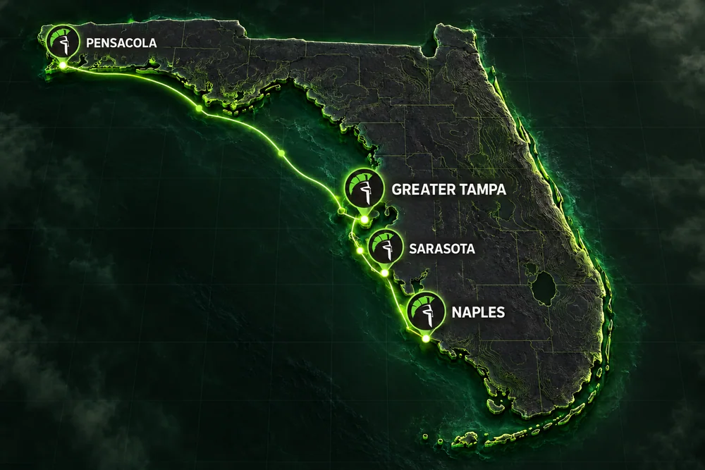 Illustrated Florida map with Watchmen helmet markers and glowing green lines connecting Pensacola, Greater Tampa, Sarasota, and Naples.