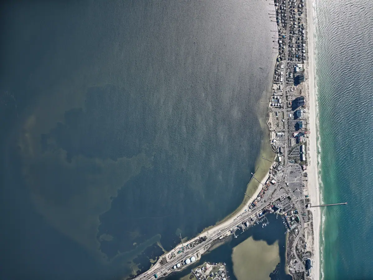 NOAA aerial view of Pensacola Beach homes, hotels, piers, and the adjoining shoreline on October 11, 2026.