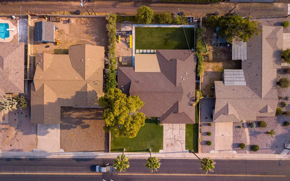 A neighborhood of homes seen from above