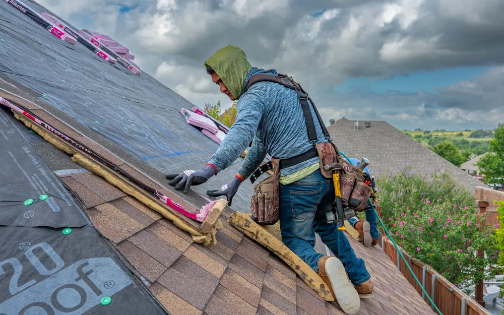 Close view of roofing work and asphalt shingle details